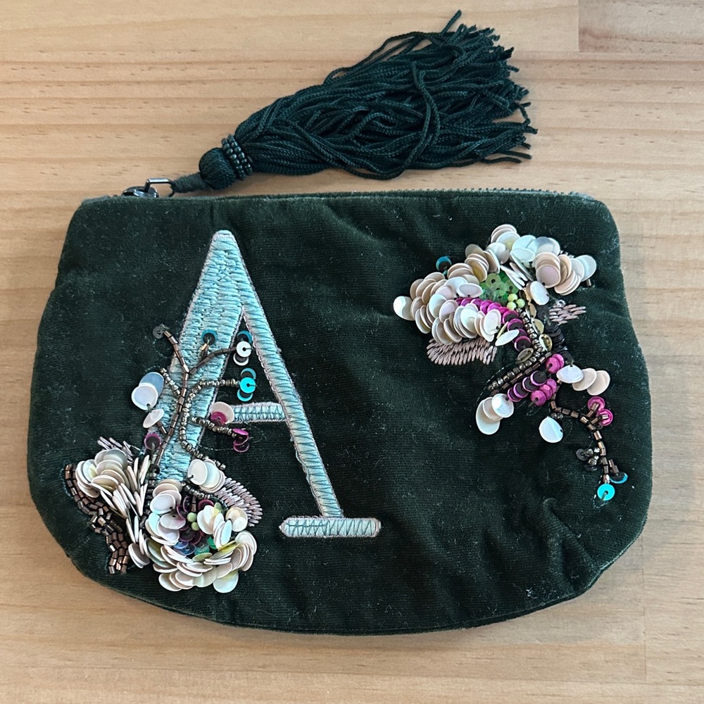 Anthropologie Dark Green Beaded “A” Clutch